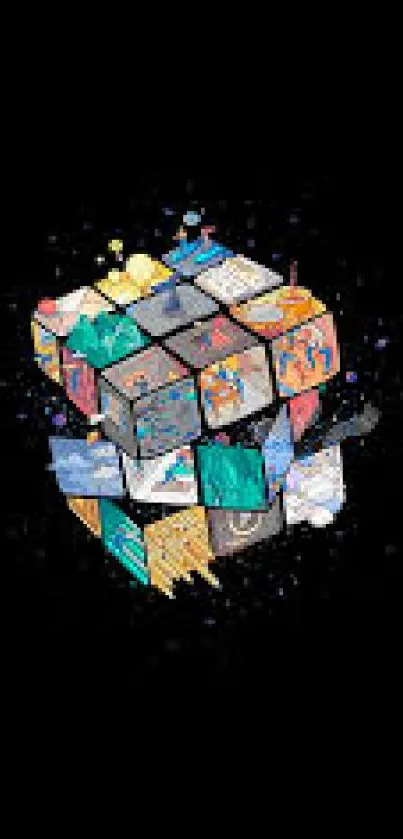 Artistic cube with colorful designs on a black background mobile wallpaper.