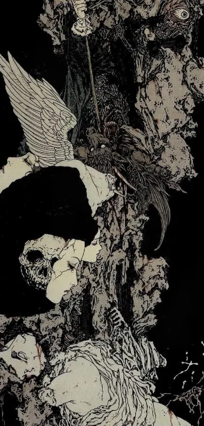 Intricate dark fantasy wallpaper with angels and mystical creatures.