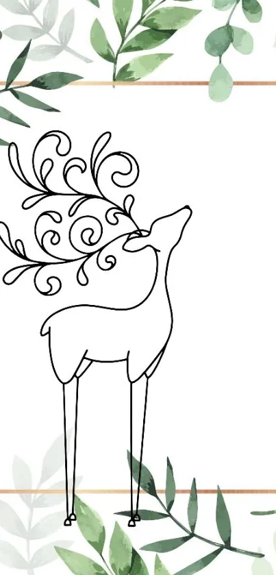 Minimalist deer line art wallpaper with green leaves.