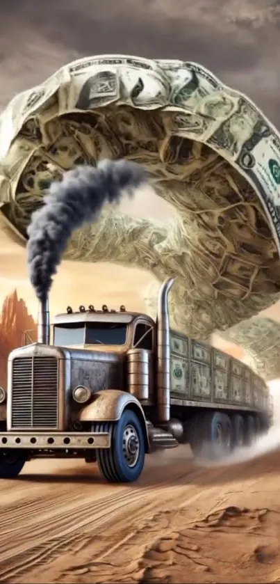 Truck driving in desert with dollar cloud