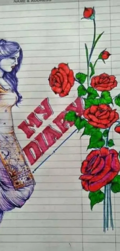 Artistic diary with red roses and a sketch of a girl on a lined page.