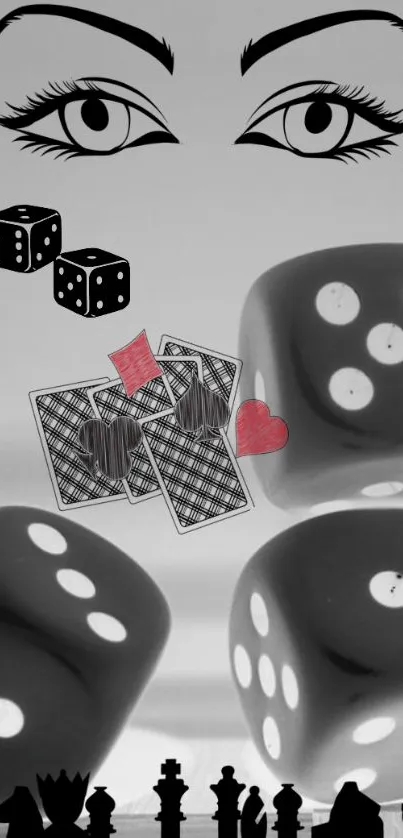 Black and white gaming theme wallpaper with dice, cards, and eyes.