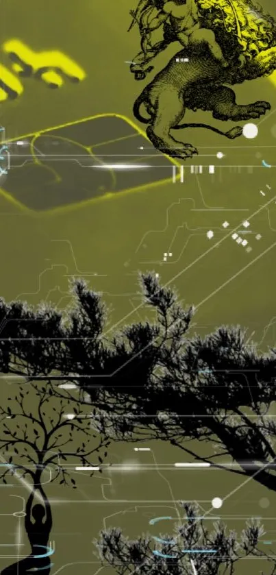 Artistic mobile wallpaper with olive tones and digital forest elements.