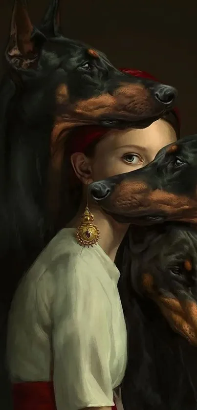 Surreal portrait of a woman embraced by three Doberman dogs.