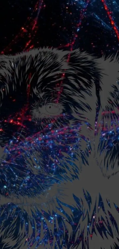 Abstract dog portrait with cosmic blue and red streaks on dark background.