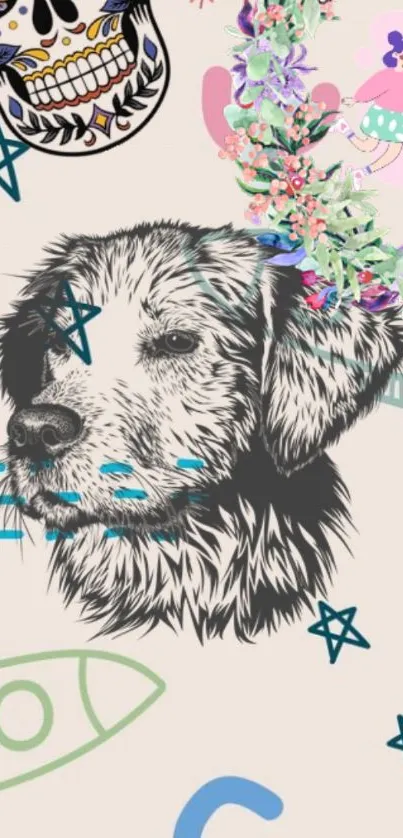 Artistic wallpaper with a sketched dog, stars, and colorful flowers.