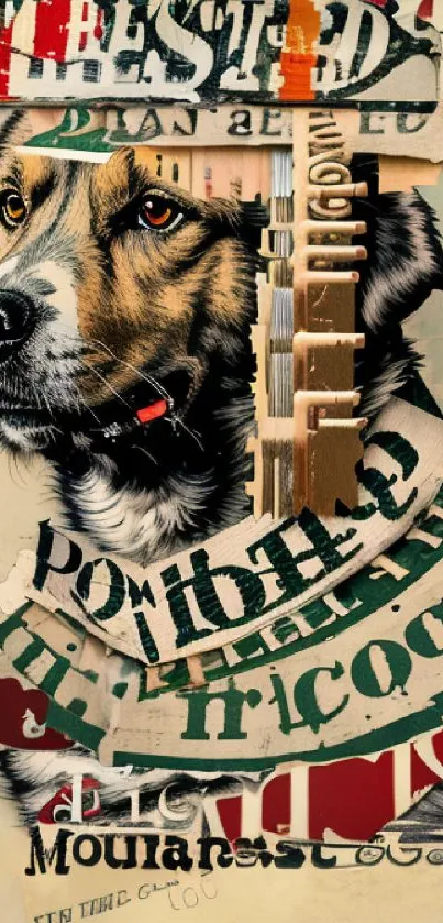 Artistic dog collage with vintage typography design on mobile wallpaper.