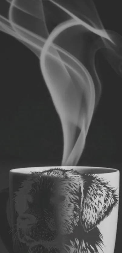 Monochrome cup with a dog illustration and rising steam.