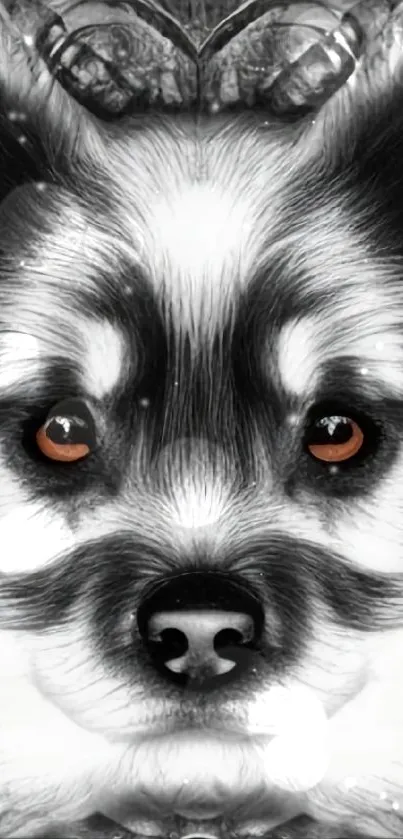 Artistic black and white dog face wallpaper with brown eyes.