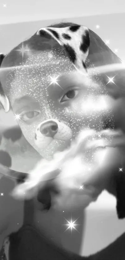 Artistic black and white portrait with dog filter and sparkling stars effect.