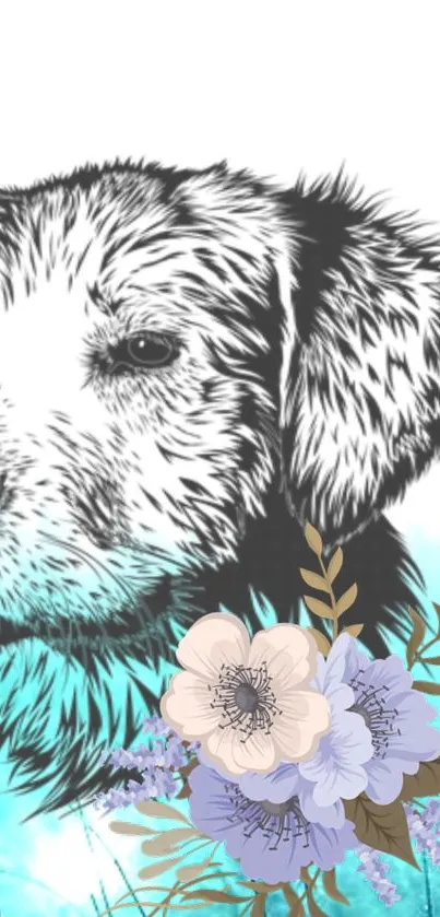 Artistic dog illustration with flowers on a blue background.