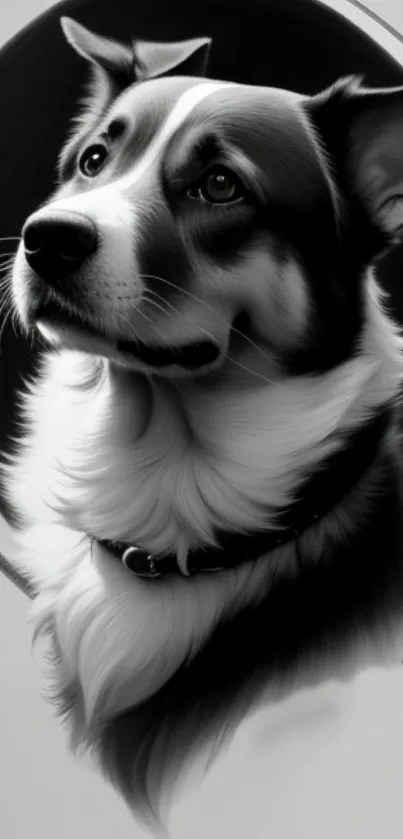 Monochrome detailed dog portrait art on phone wallpaper.