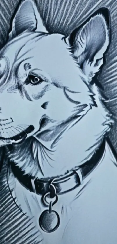 Artistic pencil sketch of a dog on gray background.