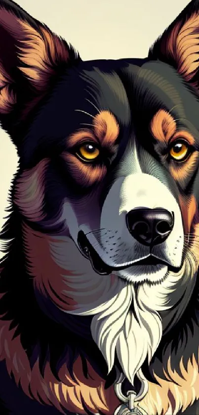 Beautiful illustrated dog wallpaper for smartphones with vibrant colors and artistic design.