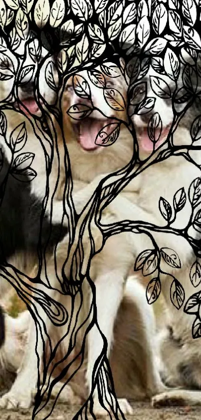 Wallpaper with dogs under a sketched tree design.