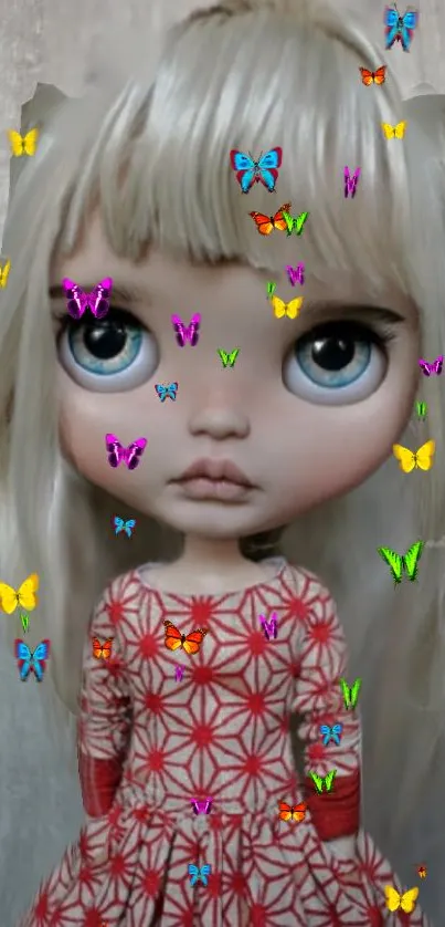 Artistic doll with colorful butterflies mobile wallpaper.