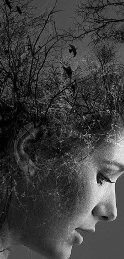 Double exposure art blending human profile with trees in black and white.