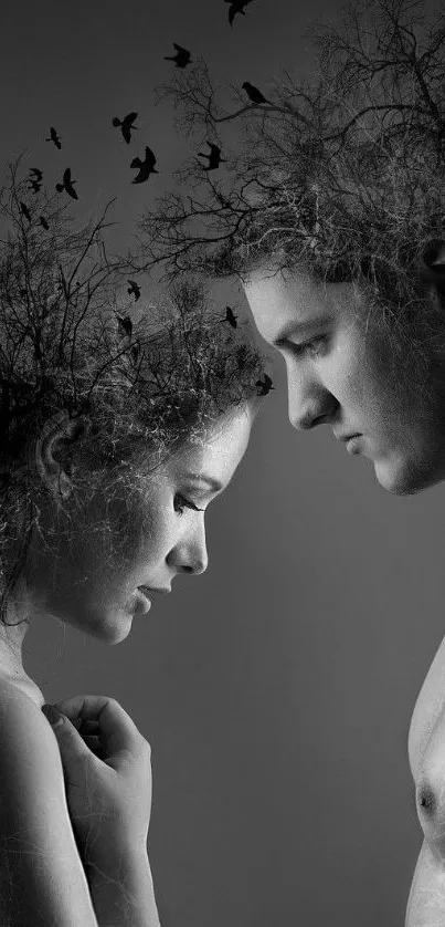 Double exposure of profiles with trees in artistic black and white style.