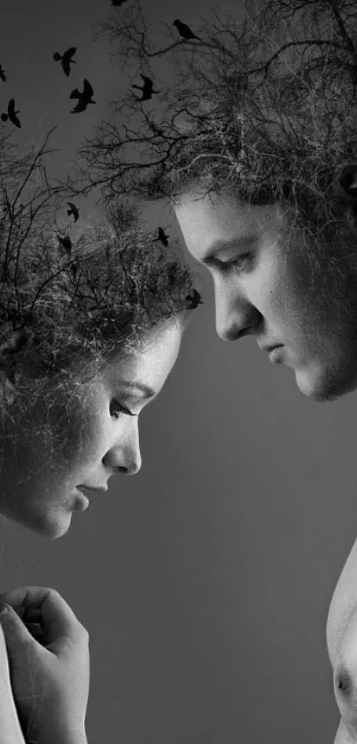 Dual exposure of man and woman with nature elements, black and white.