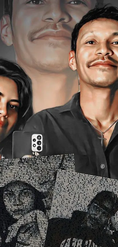 Artistic portrait wallpaper of a couple with textured elements on a mobile screen.