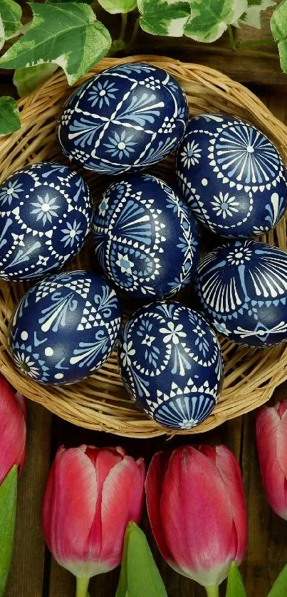Blue patterned Easter eggs in a basket with tulips.