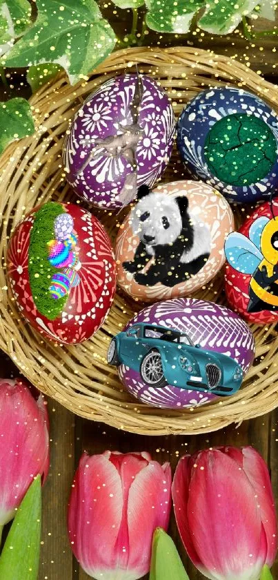 Easter eggs with unique designs in a wicker basket with tulips.