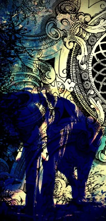 Artistic wallpaper with elephant design and intricate blue patterns.