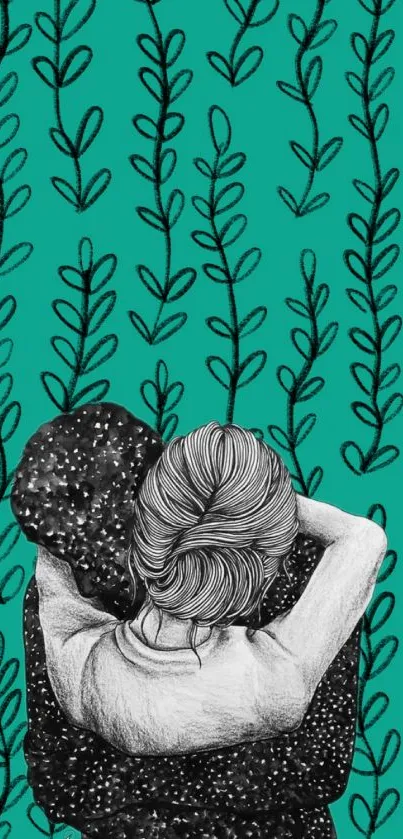 Artistic couple embrace with teal background and black leaves.