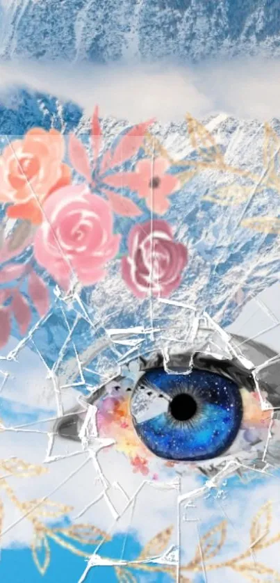 Artistic mobile wallpaper with blue eye and floral design.