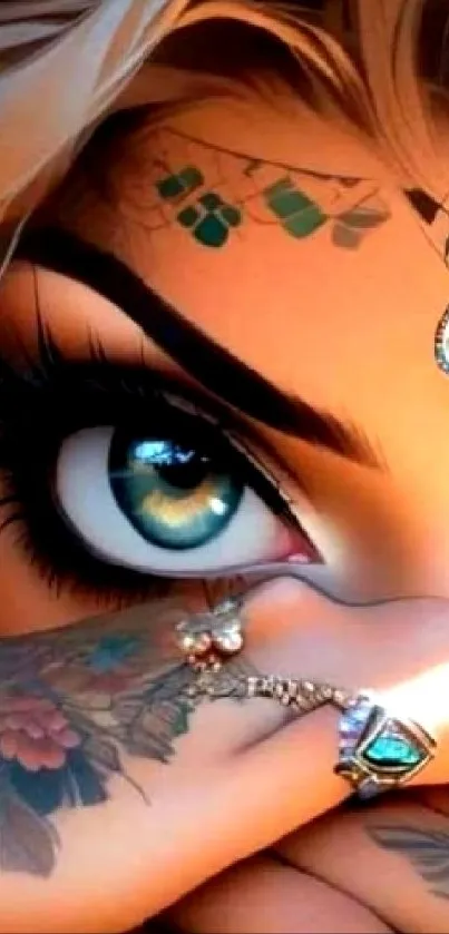 Artistic eye with tattoos and jewelry in a fantasy style.