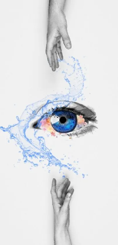 Artistic blue eye with water splash and hands on mobile wallpaper.