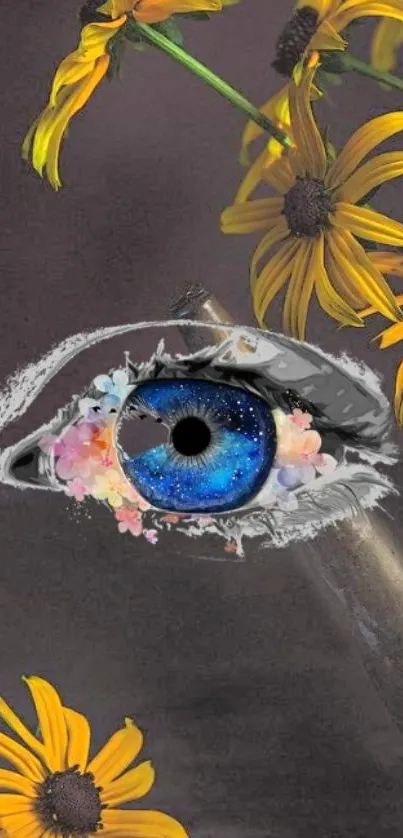 Mobile wallpaper of an artistic eye surrounded by vivid yellow flowers.