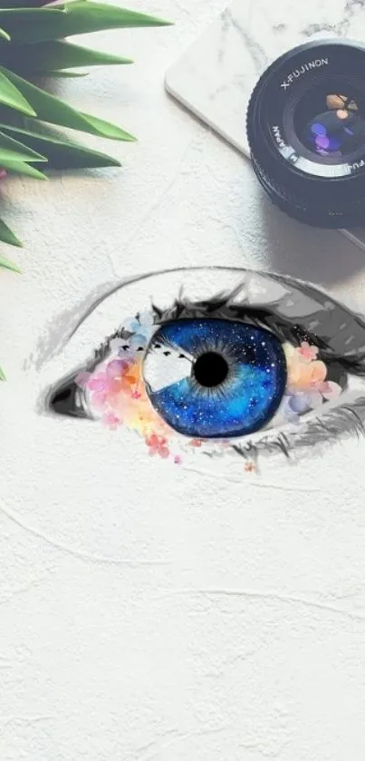 Artistic eye with galaxy and flowers on marble surface.