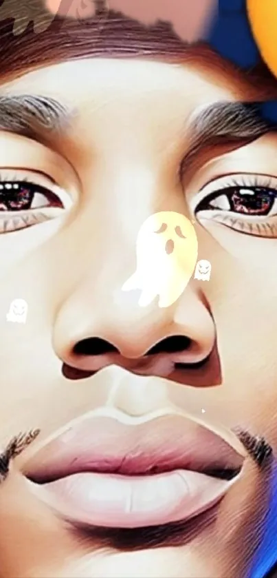 Artistic face with emojis and ghost motifs in digital wallpaper.