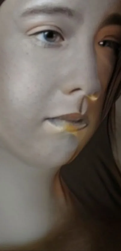 Close-up of artistic sculpture face with soft lighting and shadows.