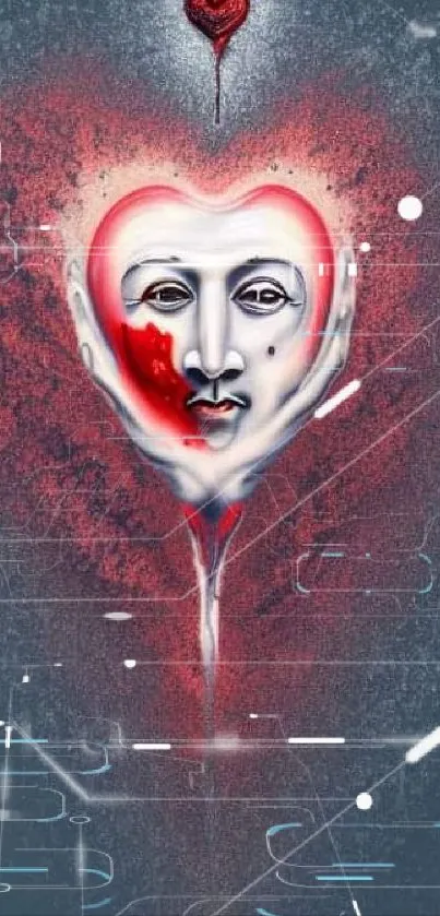 Surreal heart-shaped face art with red and grey tones, perfect for mobile wallpaper.