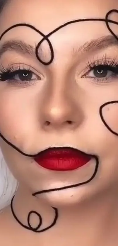 Artistic face with red lips and black line design.