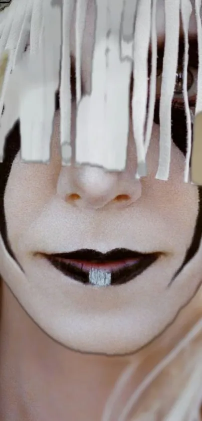 Artistic face with bold makeup and fringe design.