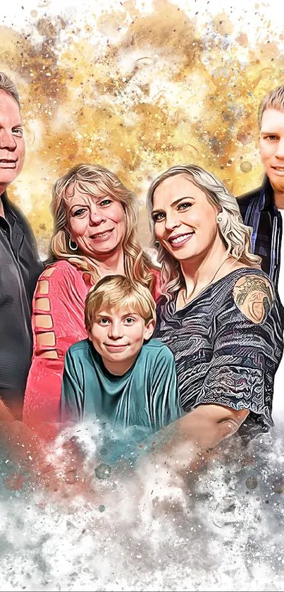 Artistic family portrait wallpaper with watercolor splashes.