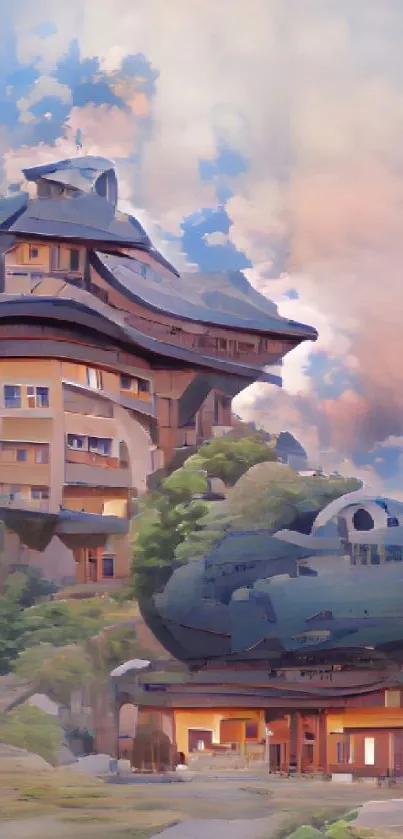 Artistic fantasy building with clouds and greenery.