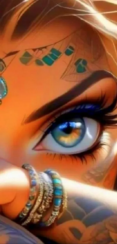 Close-up of a blue-eyed fantasy character with intricate makeup and jewelry.