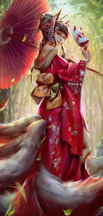 Fantasy character in kimono with mask in forest scene.