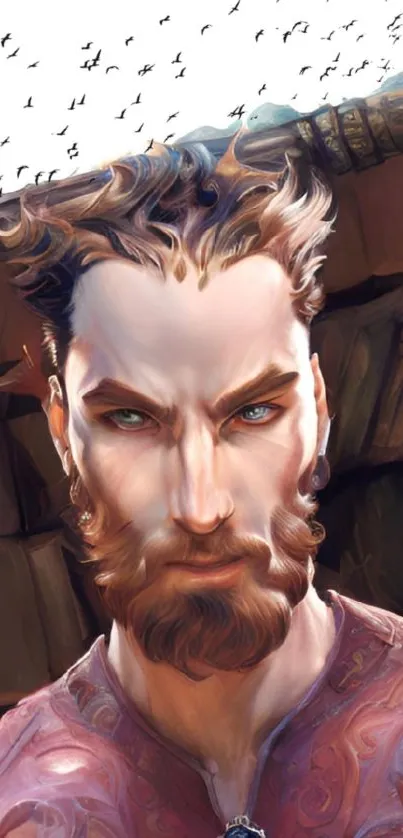 Fantasy art portrait of a bearded character with a fierce expression.