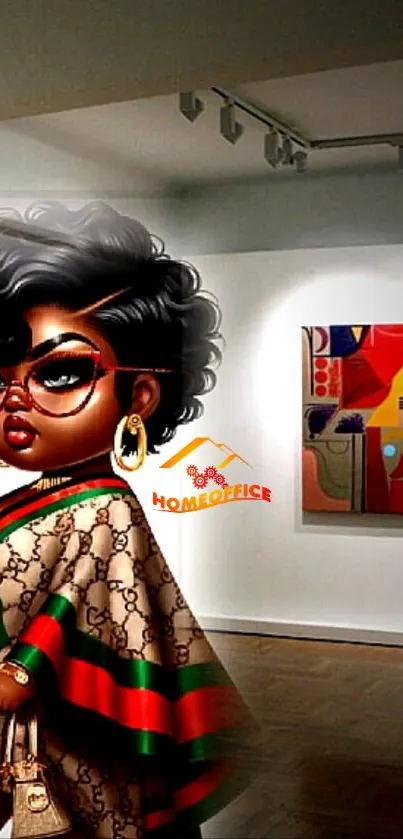 Stylish character in art gallery wallpaper, chic fashion.