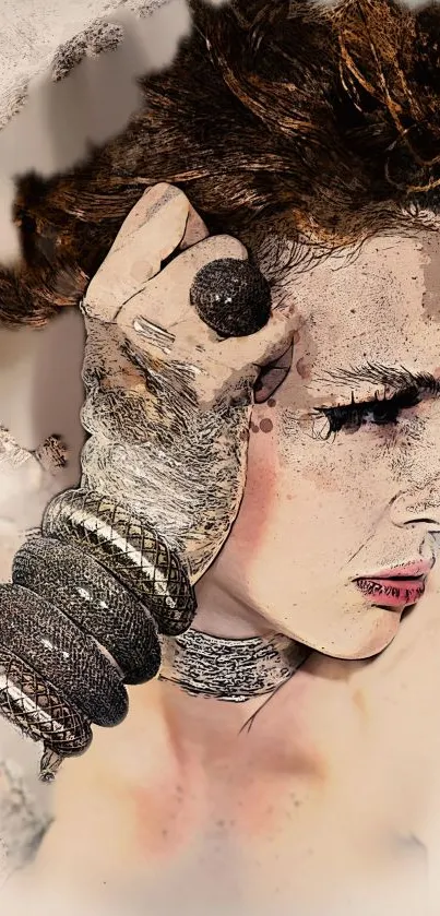 Artistic sketch-style portrait wallpaper with fashion accessories.