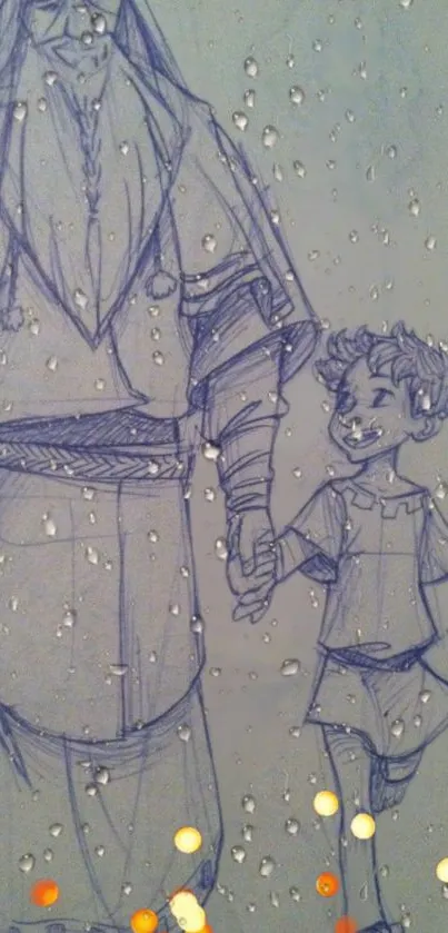 Father and son sketch with raindrop effect on blue-gray background wallpaper.