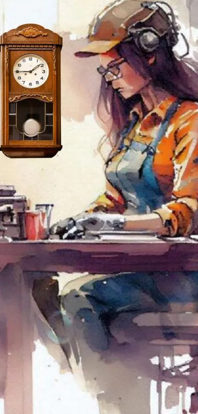 Watercolor portrait of woman working at a desk, in artistic style.
