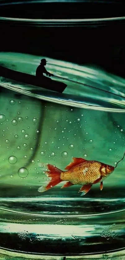 Artistic wallpaper with fish in glass bowl.