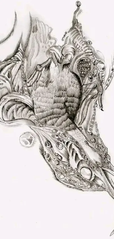 Intricate pencil sketch of a fish with organic textures in monochrome.