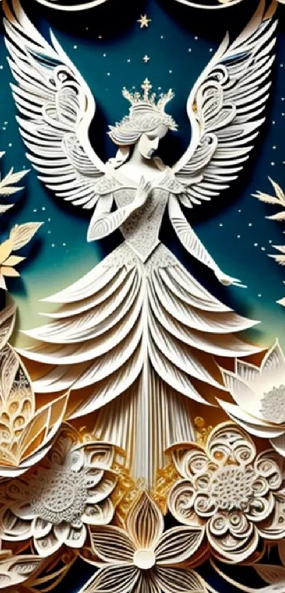 Intricate papercut angel with floral patterns on a starry background.